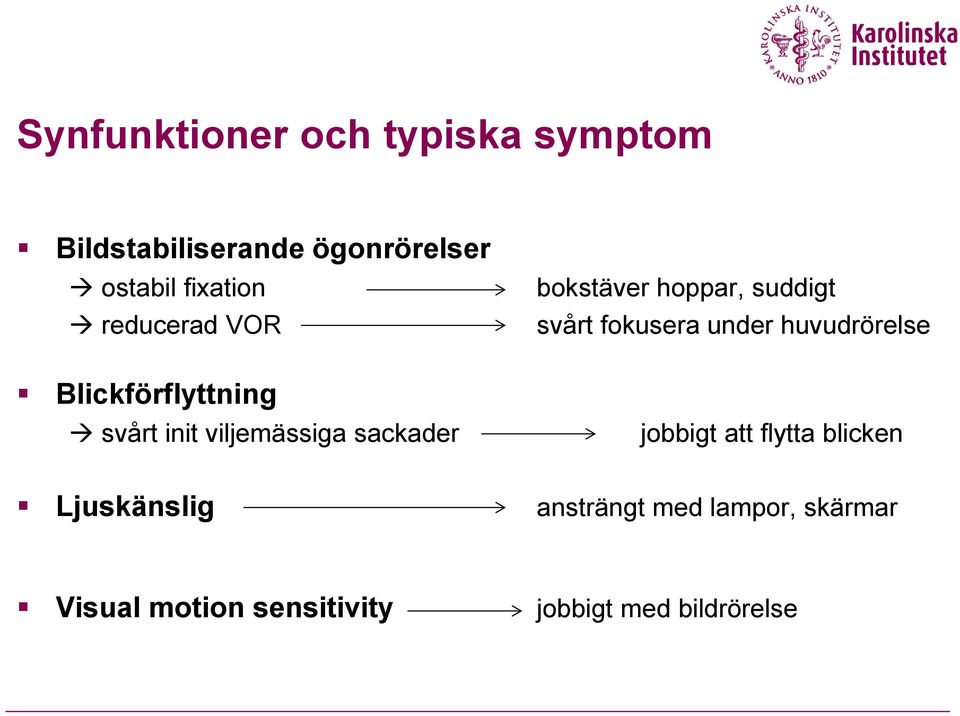 bokstäver hoppar, suddigt svårt fokusera under huvudrörelse jobbigt att flytta