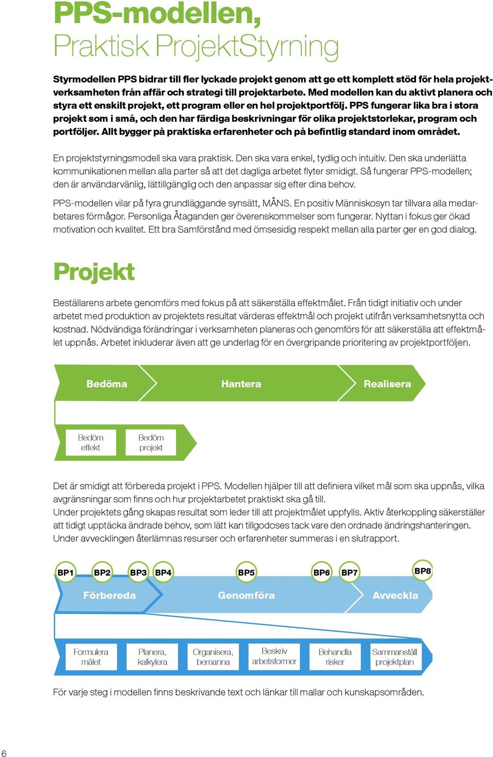 PPS fungerar lika bra i stora projekt som i små, och den har färdiga beskrivningar för olika projektstorlekar, program och portföljer.