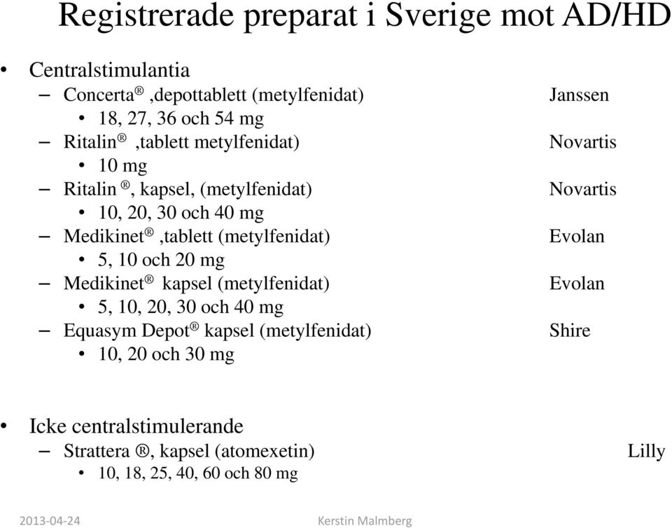 Medikinet,tablett (metylfenidat) Evolan 5, 10 och 20 mg Medikinet kapsel (metylfenidat) Evolan 5, 10, 20, 30 och 40 mg