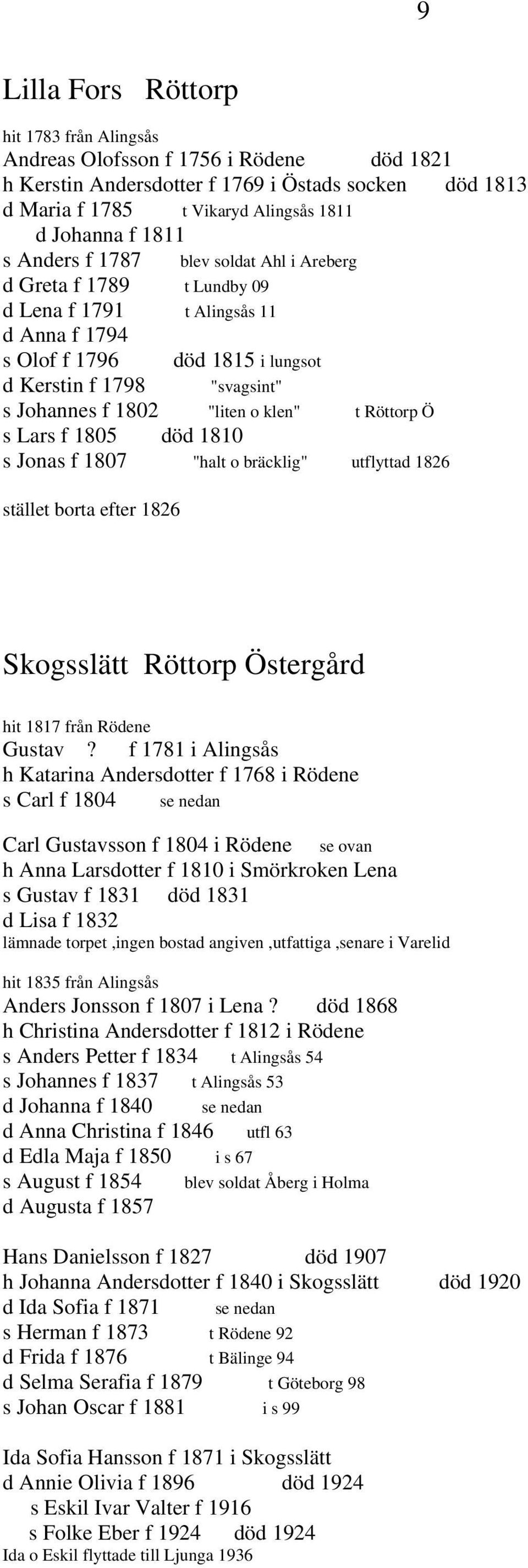 klen" t Röttorp Ö s Lars f 1805 död 1810 s Jonas f 1807 "halt o bräcklig" utflyttad 1826 stället borta efter 1826 Skogsslätt Röttorp Östergård hit 1817 från Rödene Gustav?