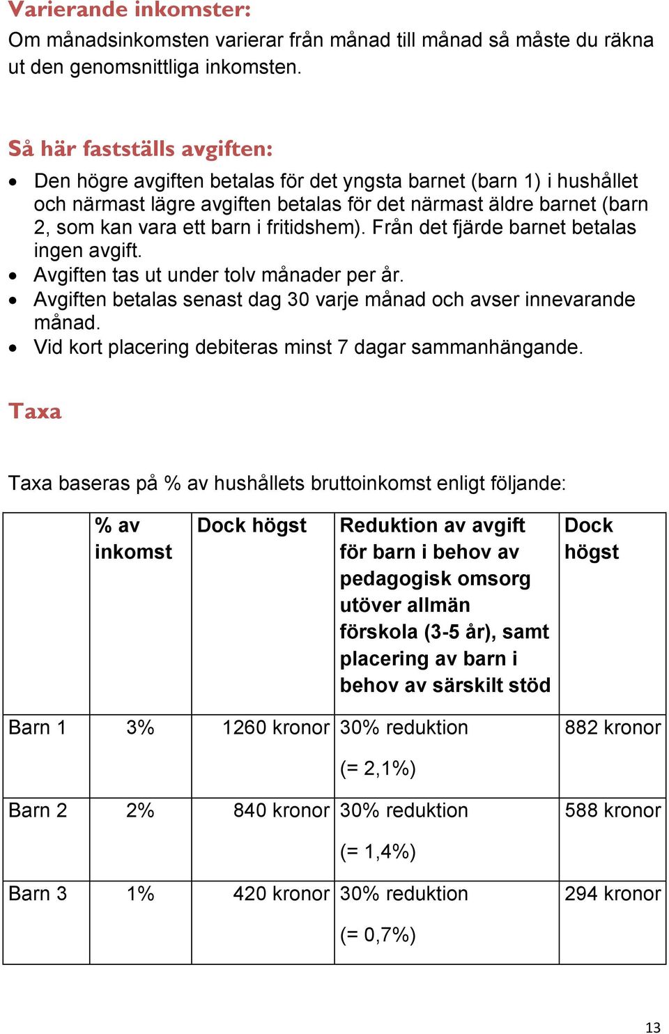 fritidshem). Från det fjärde barnet betalas ingen avgift. Avgiften tas ut under tolv månader per år. Avgiften betalas senast dag 30 varje månad och avser innevarande månad.