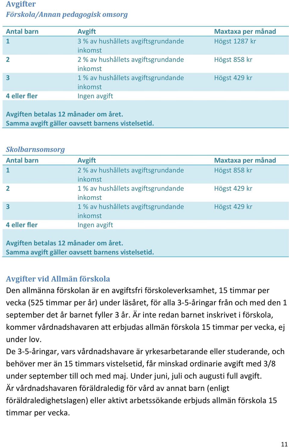 Skolbarnsomsorg Antal barn Avgift Maxtaxa per månad 1 2 % av hushållets avgiftsgrundande Högst 858 kr inkomst 2 1 % av hushållets avgiftsgrundande Högst 429 kr inkomst 3 1  Avgifter vid Allmän