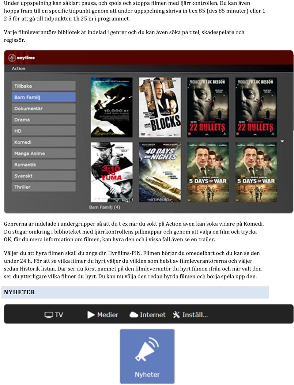 Varje filmleverantörs bibliotek är indelad i genrer och du kan även söka på titel, skådespelare och regissör.