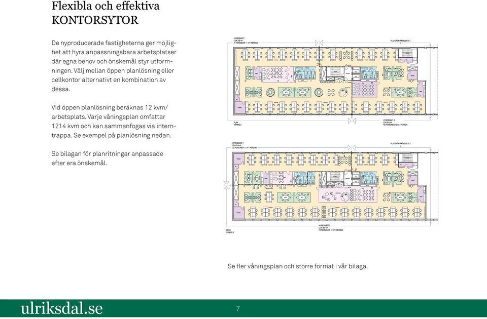 Vid öppen planlösning beräknas 12 kvm/ arbetsplats. Varje våningsplan omfattar 1214 kvm och kan sammanfogas via interntrappa.