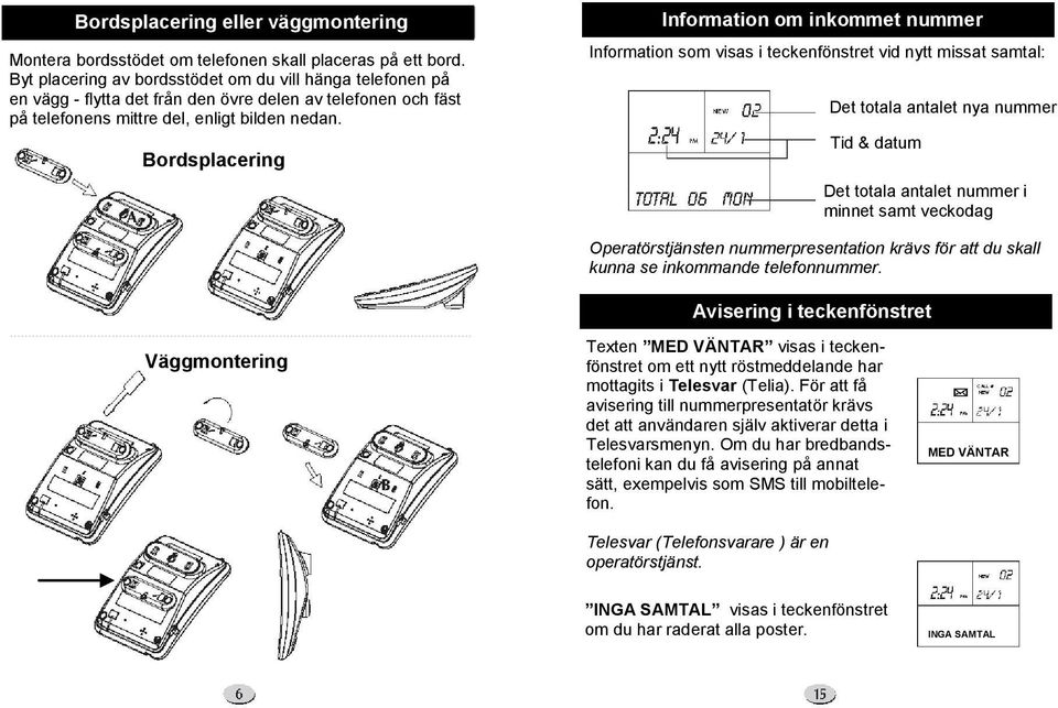 Bordsplacering Information om inkommet nummer Information som visas i teckenfönstret vid nytt missat samtal: Det totala antalet nya nummer Tid & datum Det totala antalet nummer i minnet samt veckodag