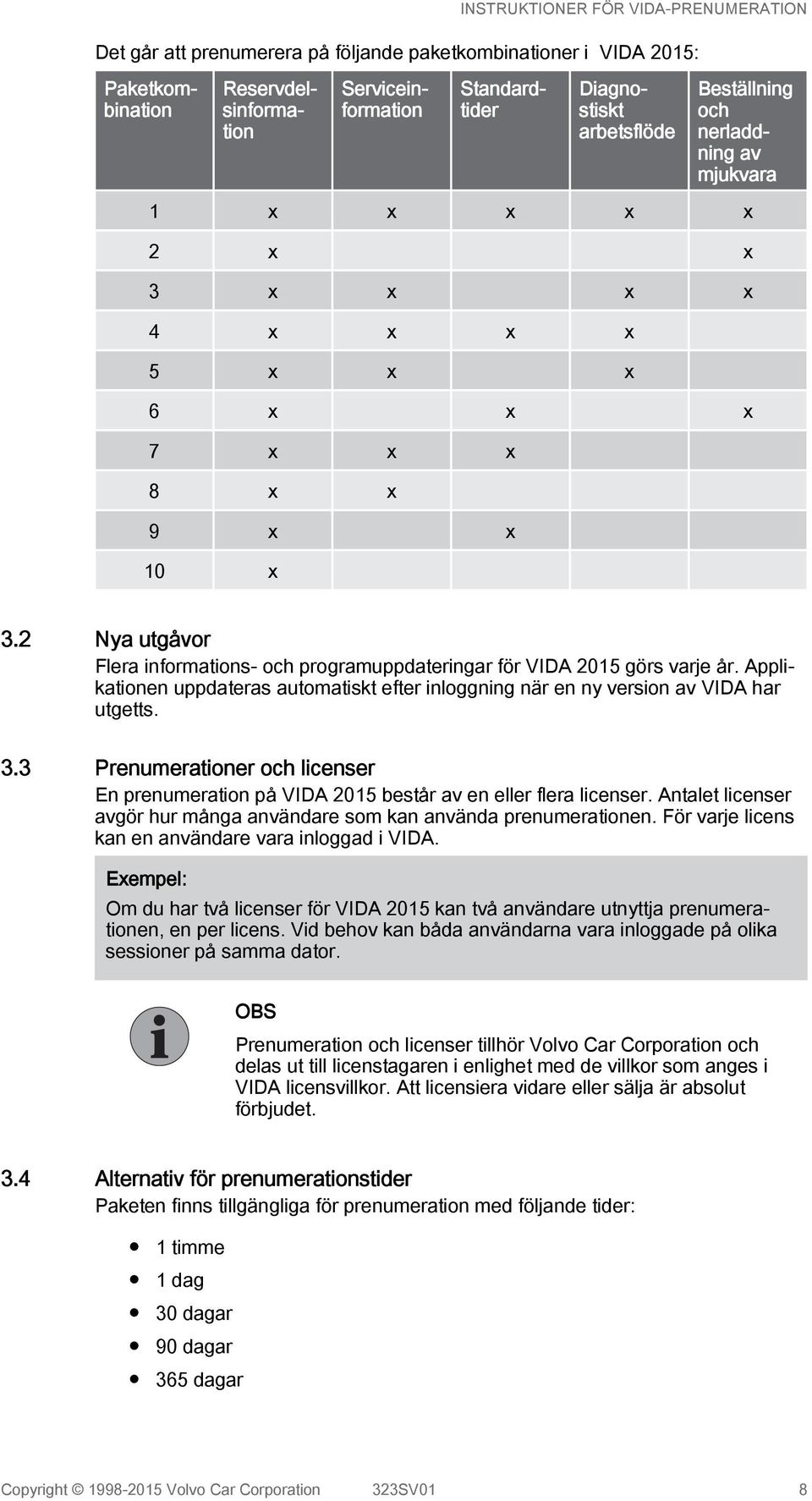 Applikationen uppdateras automatiskt efter inloggning när en ny version av VIDA har utgetts. 3.3 Prenumerationer och licenser En prenumeration på VIDA 2015 består av en eller flera licenser.