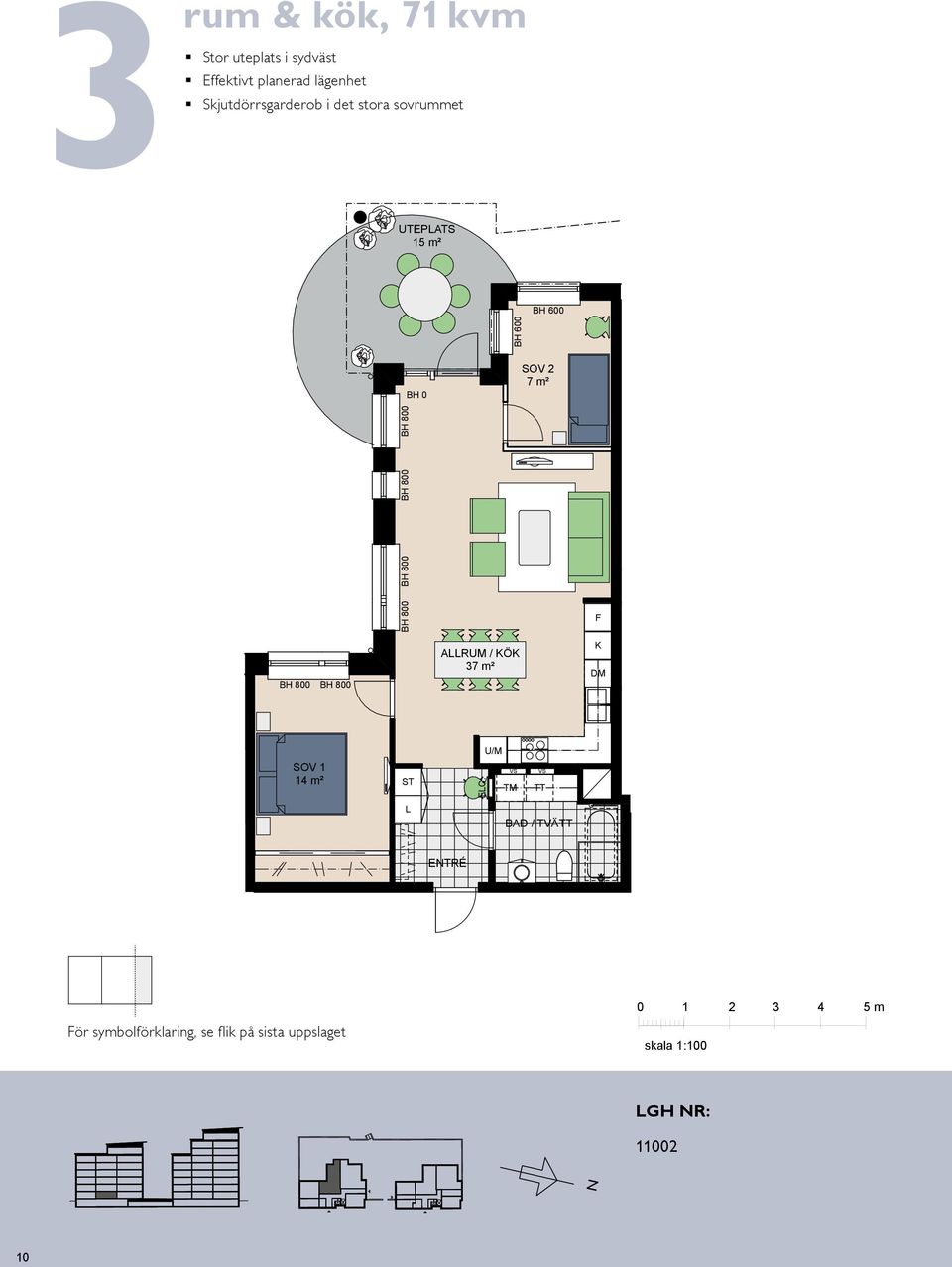 m² ompakt lägenhet med öppna rumssamband Sovrum med plats för två Balkong mot gård UTEPATS 15 m UTEPATS 15 m BH 0 SOV 7 m BAO 8 H 1100 BH 0,55 (-)3 m Ro 71 m BH 0 BH 0,70 m SOV 7 m H 1100 (-)3 Ro 71