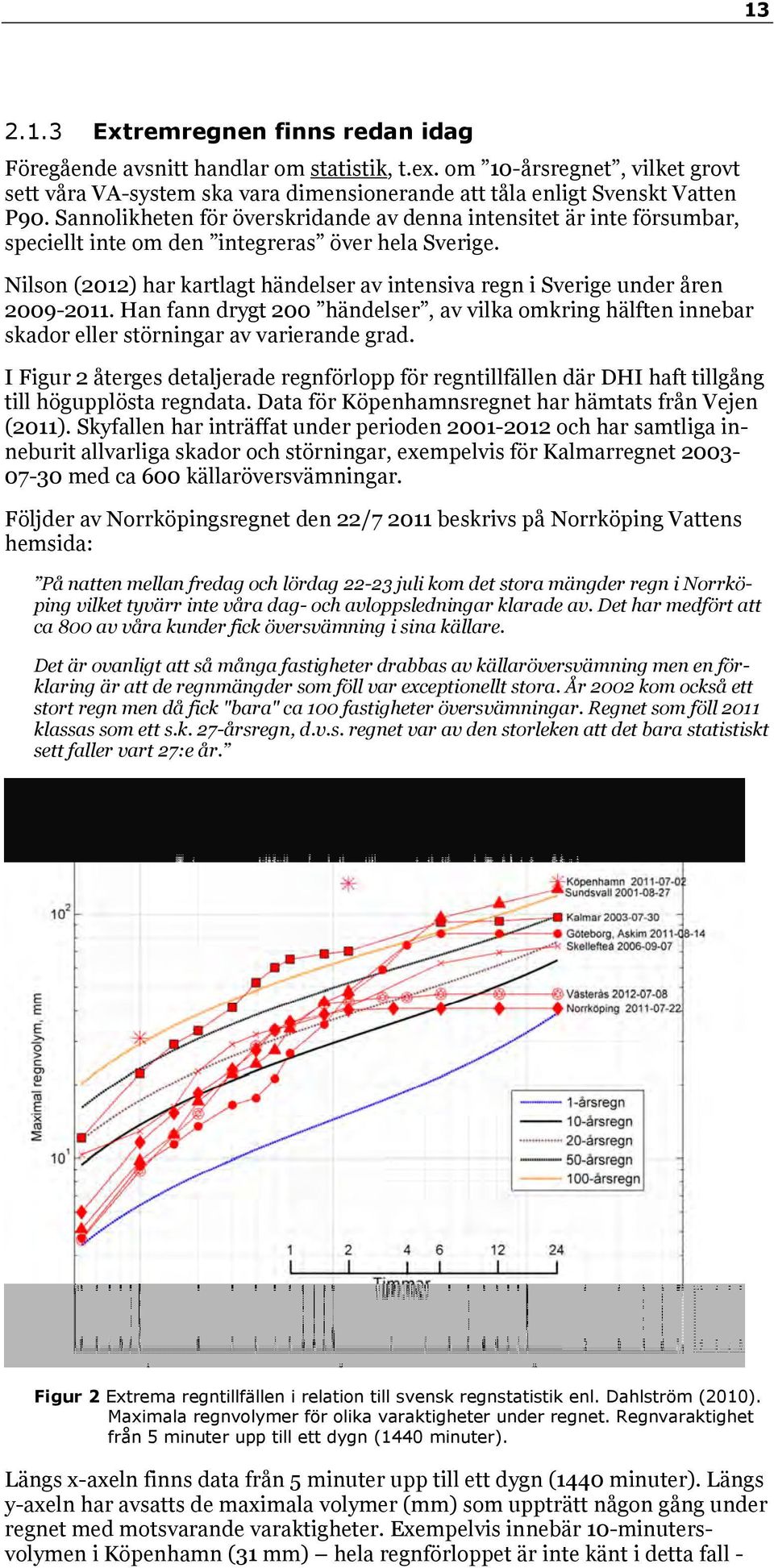 Nilson (2012) har kartlagt händelser av intensiva regn i Sverige under åren 2009-2011. Han fann drygt 200 händelser, av vilka omkring hälften innebar skador eller störningar av varierande grad.
