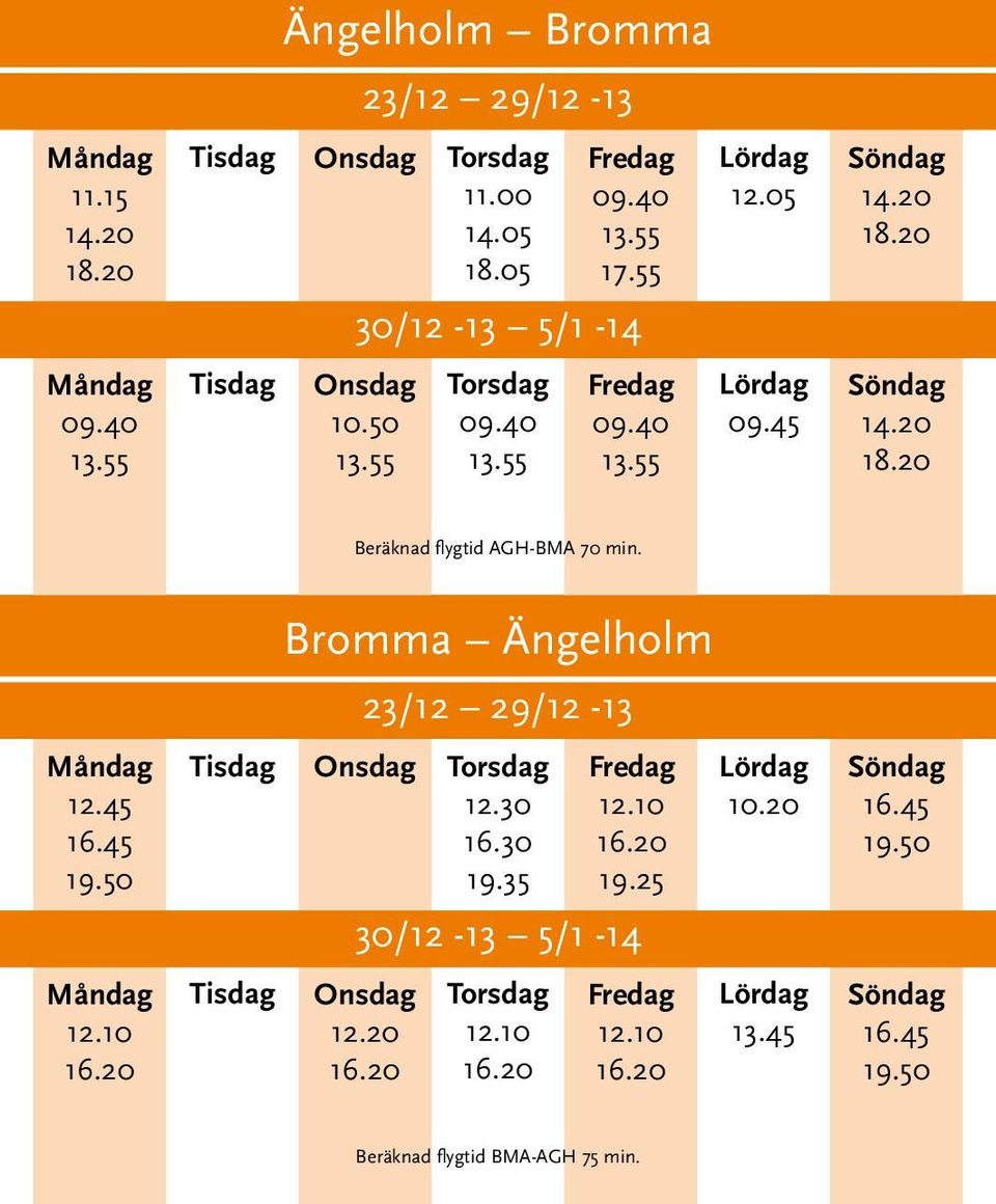 20 Beräknad flygtid AGH-BMA 70 min. 12.45 19.