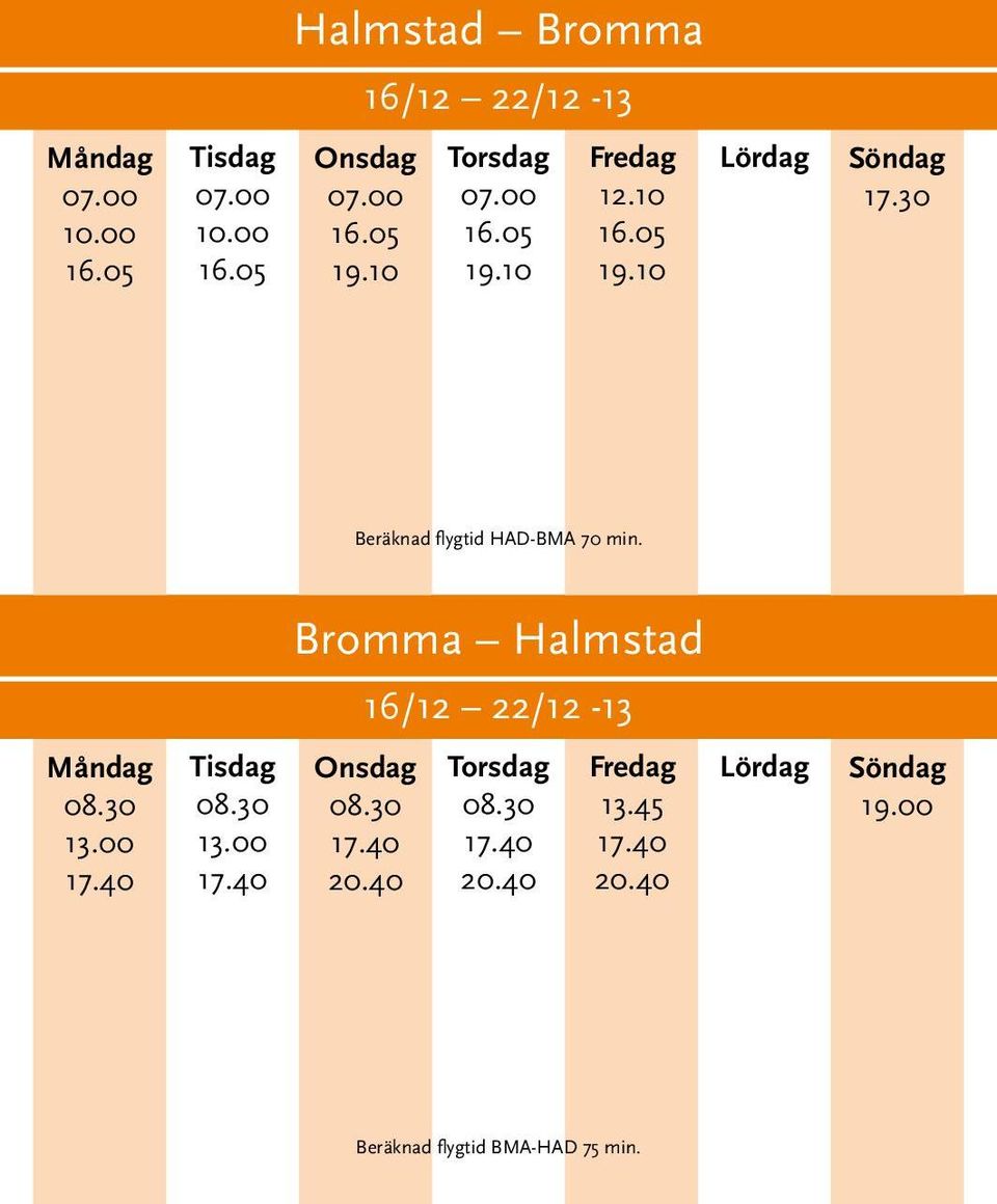 30 Beräknad flygtid HAD-BMA 70 min. 08.30 13.