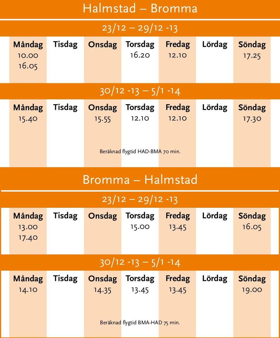 30 Beräknad flygtid HAD-BMA 70 min. 13.