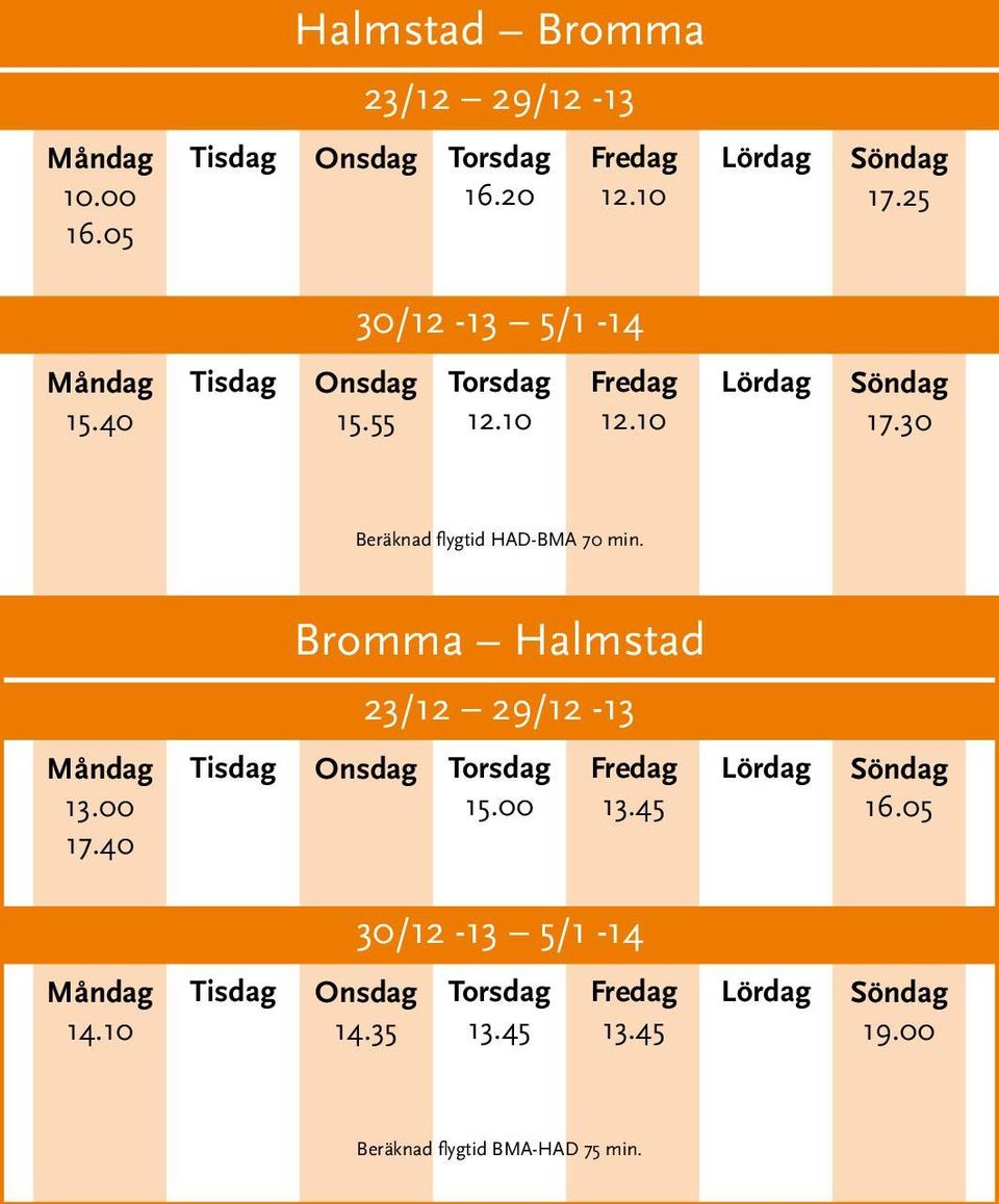 30 Beräknad flygtid HAD-BMA 70 min. 13.