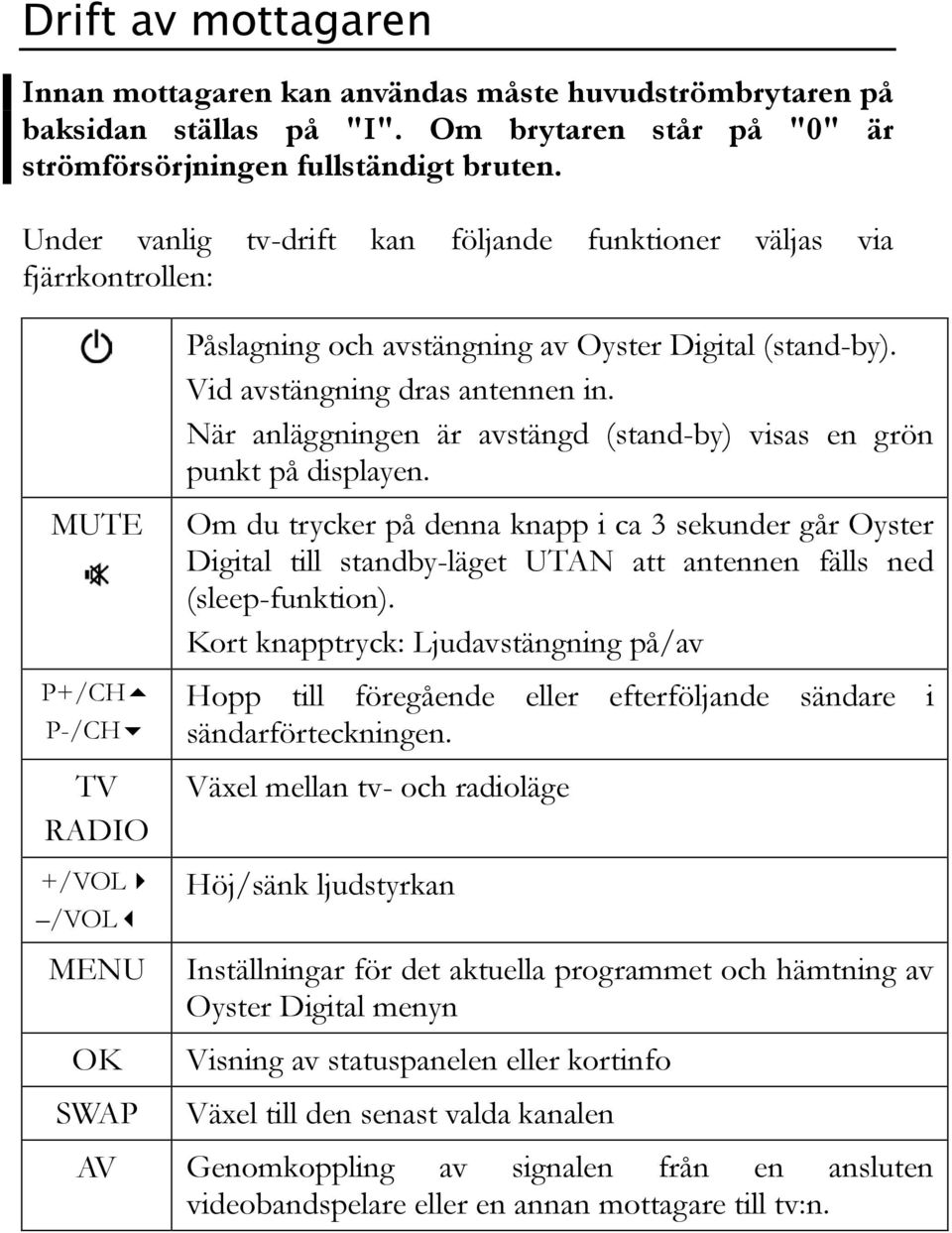 Vid avstängning dras antennen in. När anläggningen är avstängd (stand-by) visas en grön punkt på displayen.