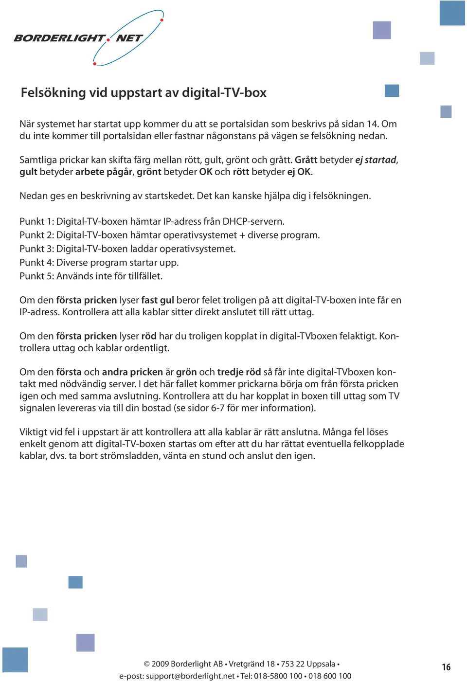 Grått betyder ej startad, gult betyder arbete pågår, grönt betyder OK och rött betyder ej OK. Nedan ges en beskrivning av startskedet. Det kan kanske hjälpa dig i felsökningen.