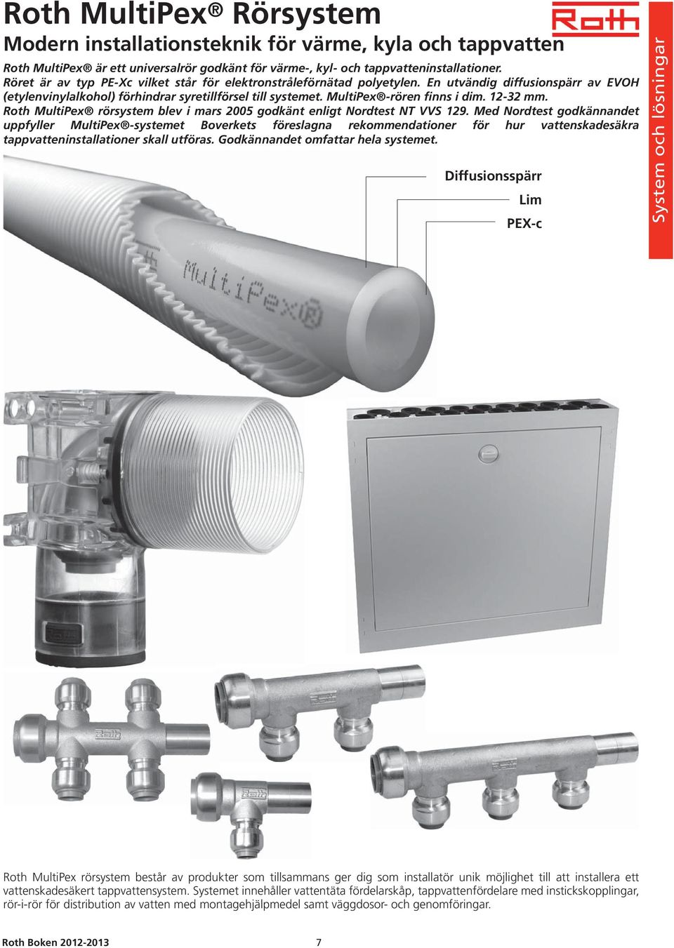 12-32 mm. Roth MultiPex rörsystem blev i mars 2005 godkänt enligt Nordtest NT VVS 129.