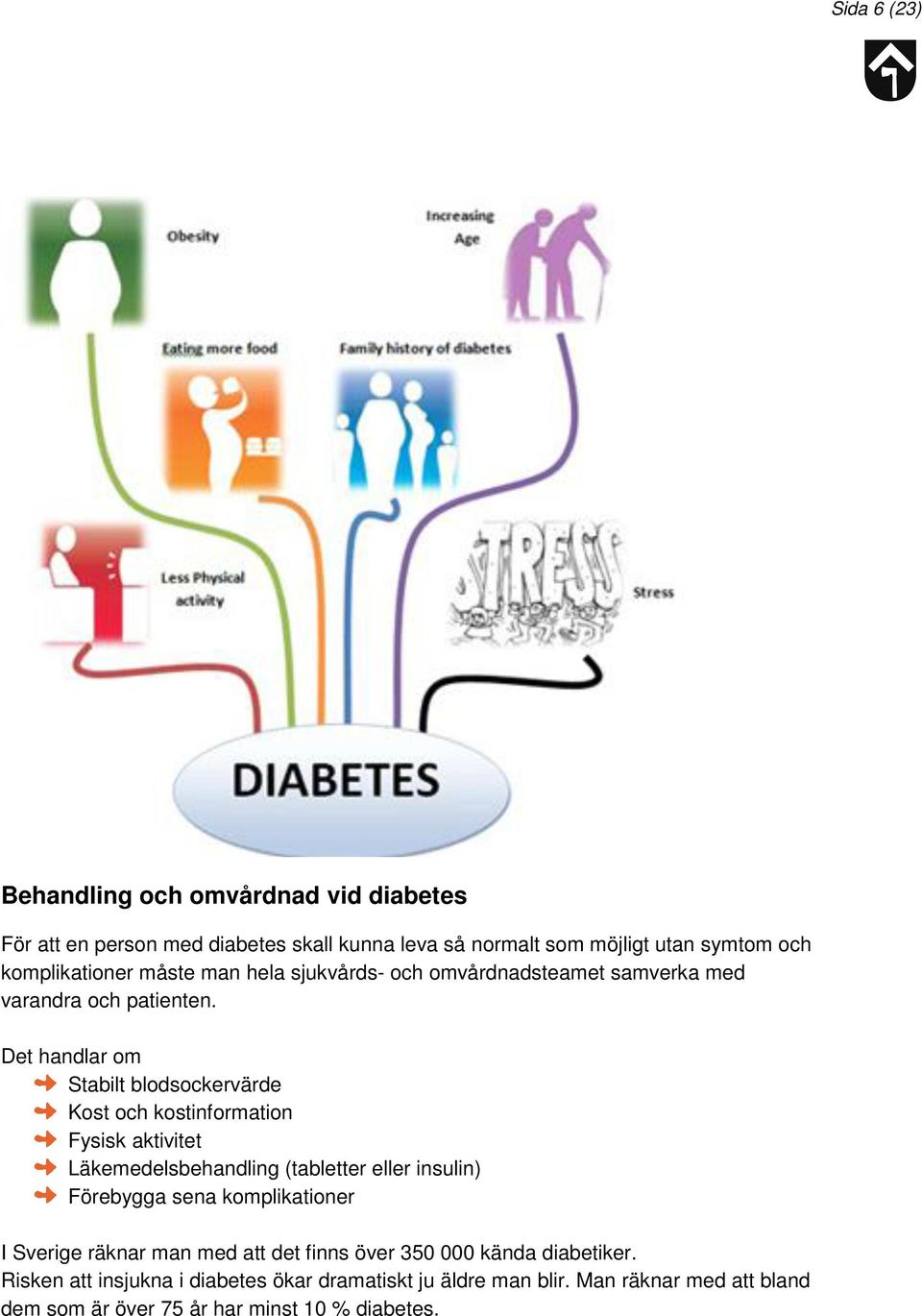 Det handlar om Stabilt blodsockervärde Kost och kostinformation Fysisk aktivitet Läkemedelsbehandling (tabletter eller insulin) Förebygga sena