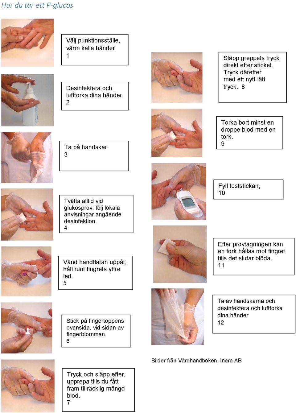 4 Vänd handflatan uppåt, håll runt fingrets yttre led. 5 Fyll teststickan, 10 Efter provtagningen kan en tork hållas mot fingret tills det slutar blöda.