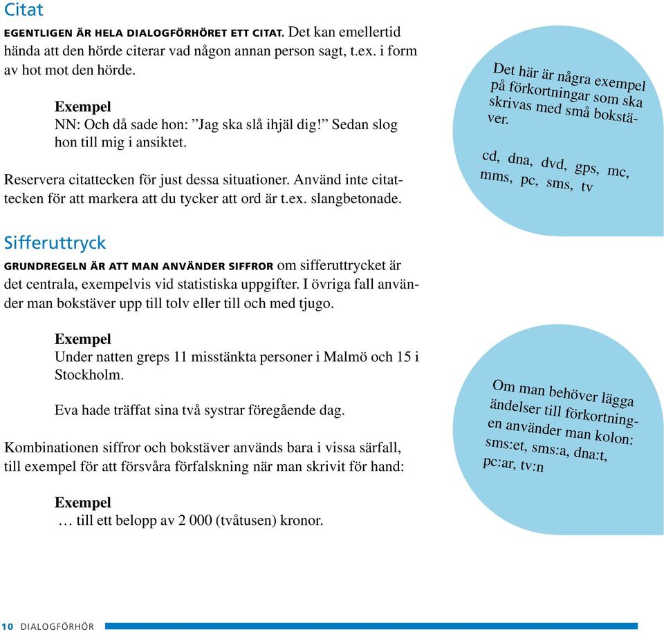 Använd inte citattecken för att markera att du tycker att ord är t.ex. slangbetonade. Det här är några exempel på förkortningar som ska skrivas med små bokstäver.