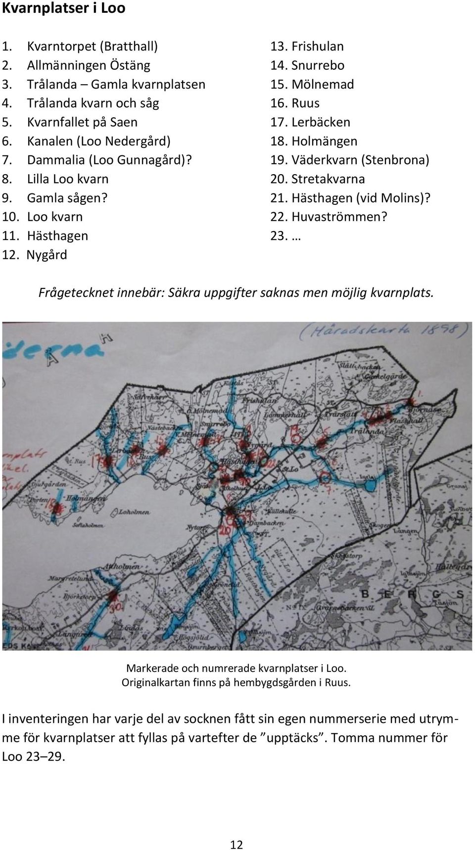 Hästhagen (vid Molins)? 10. Loo kvarn 22. Huvaströmmen? 11. Hästhagen 23. 12. Nygård Frågetecknet innebär: Säkra uppgifter saknas men möjlig kvarnplats. Markerade och numrerade kvarnplatser i Loo.