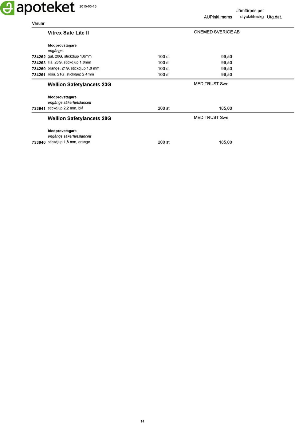 99,50 100 st 99,50 100 st 99,50 MED TRUST Swe blodprovstagare engångs säkerhetslancett 733941 stickdjup 2,2 mm, blå Wellion