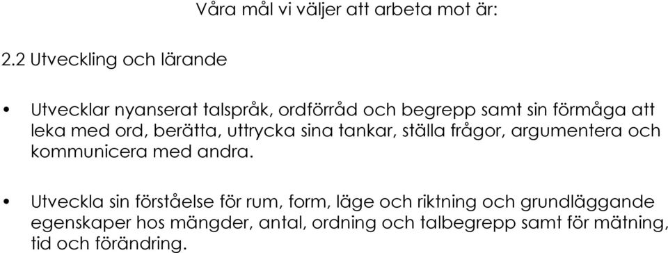 leka med ord, berätta, uttrycka sina tankar, ställa frågor, argumentera och kommunicera med andra.