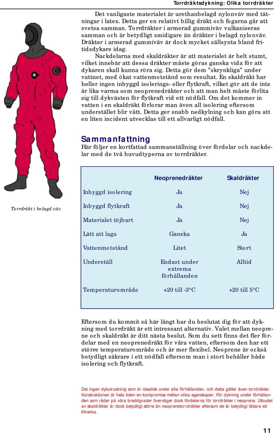 Nackdelarna med skaldräkter är att materialet är helt stumt, vilket innebär att dessa dräkter måste göras ganska vida för att dykaren skall kunna röra sig.