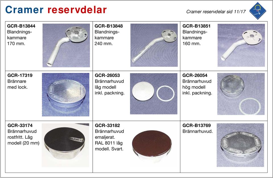 GCR-26053 Brännarhuvud låg modell inkl. packning. GCR-26054 Brännarhuvud hög modell inkl. packning. GCR-33174 Brännarhuvud rostfritt.