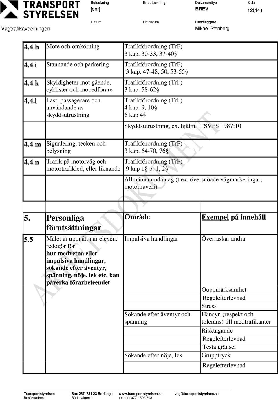 1, 2. Allmänna undantag (t ex. översnöade vägmarkeringar, motorhaveri) 5. Personliga förutsättningar 5.