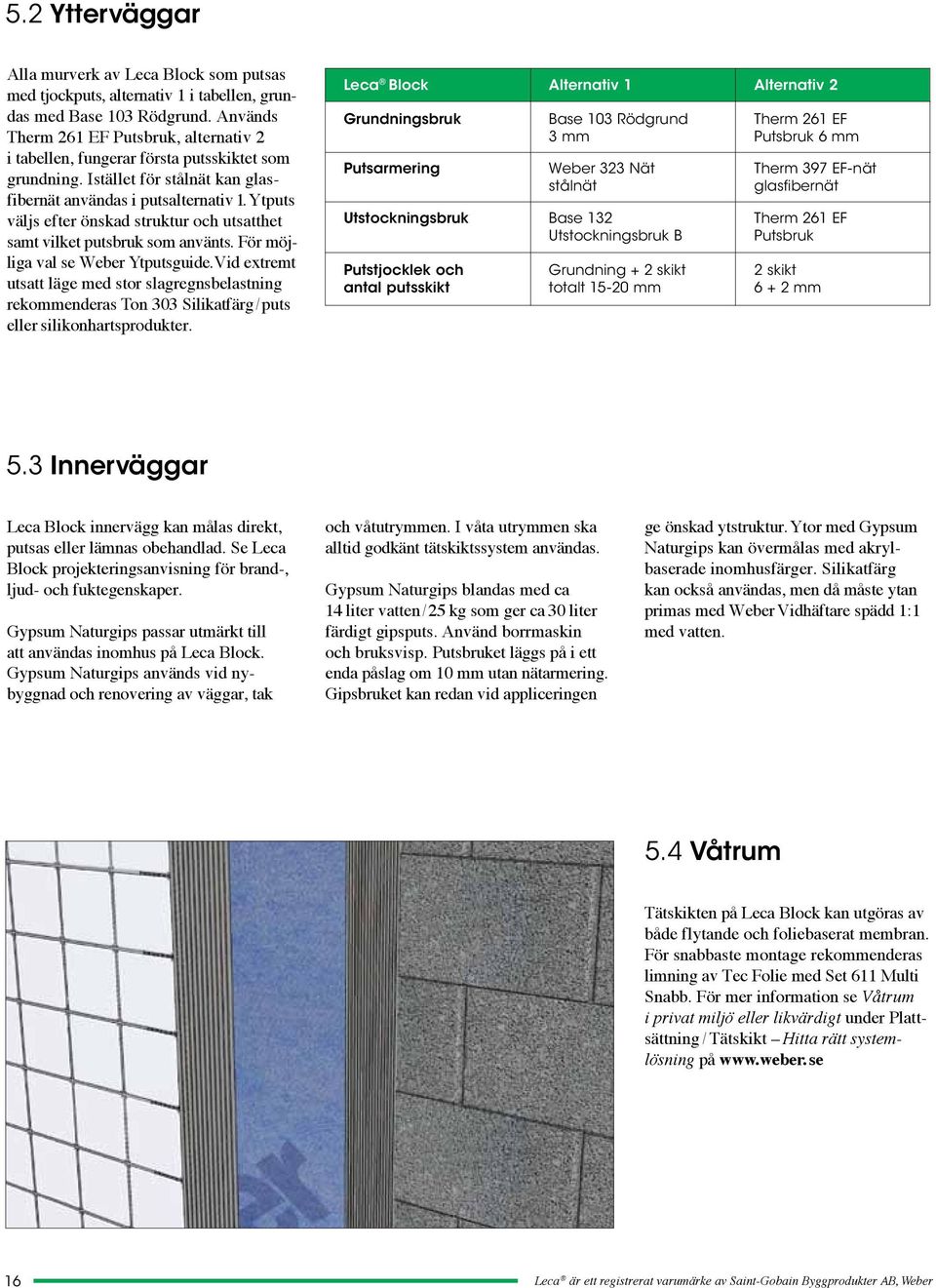 Ytputs väljs efter önskad struktur och utsatthet samt vilket putsbruk som använts. För möjliga val se Weber Ytputsguide.