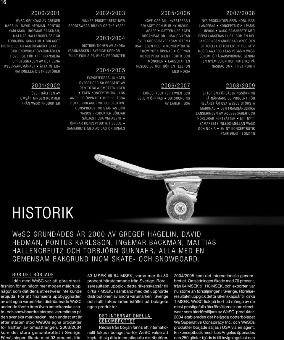 PRISET BEST NEW SPORTSWEAR BRAND OF THE YEAR 2003/2004 DISTRIBUTIONEN AV ANDRA VARUMÄRKEN I SVERIGE UPPHÖR FULLT FOKUS PÅ WeSC-PRODUKTER 2004/2005 NOVE CAPITAL INVESTERAR I BOLAGET OCH BLIR NY HUVUD-
