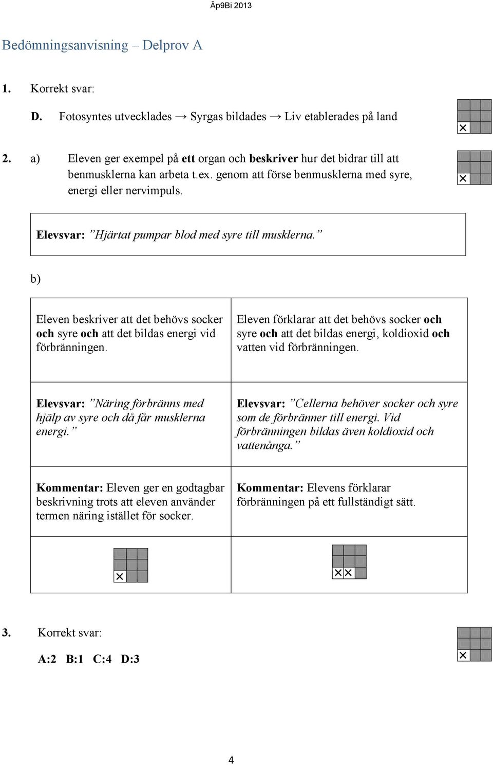 Elevsvar: Hjärtat pumpar blod med syre till musklerna. b) Eleven beskriver att det behövs socker syre att det bildas energi vid förbränningen.