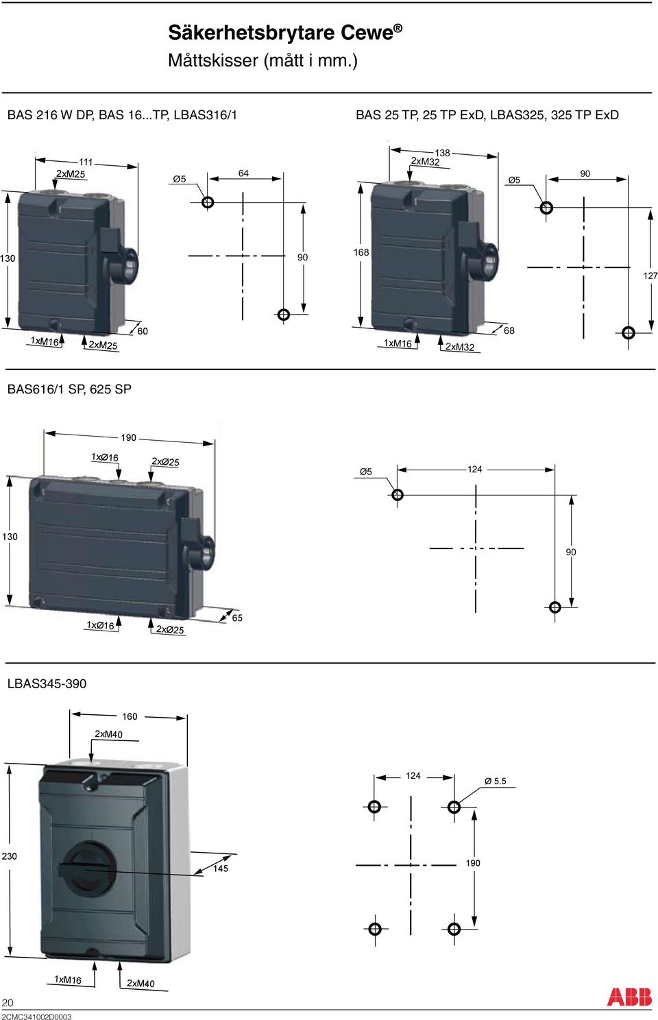 138 Ø5 90 130 90 168 127 1xM16 2xM25 60 1xM16 2xM32 68 BAS616/1 SP, 625 SP 190