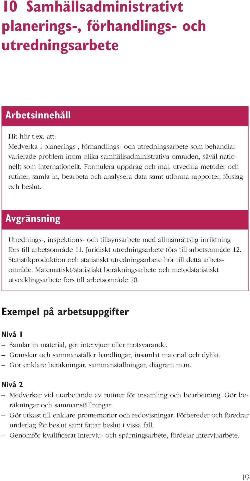 Formulera uppdrag och mål, utveckla metoder och rutiner, samla in, bearbeta och analysera data samt utforma rapporter, förslag och beslut.