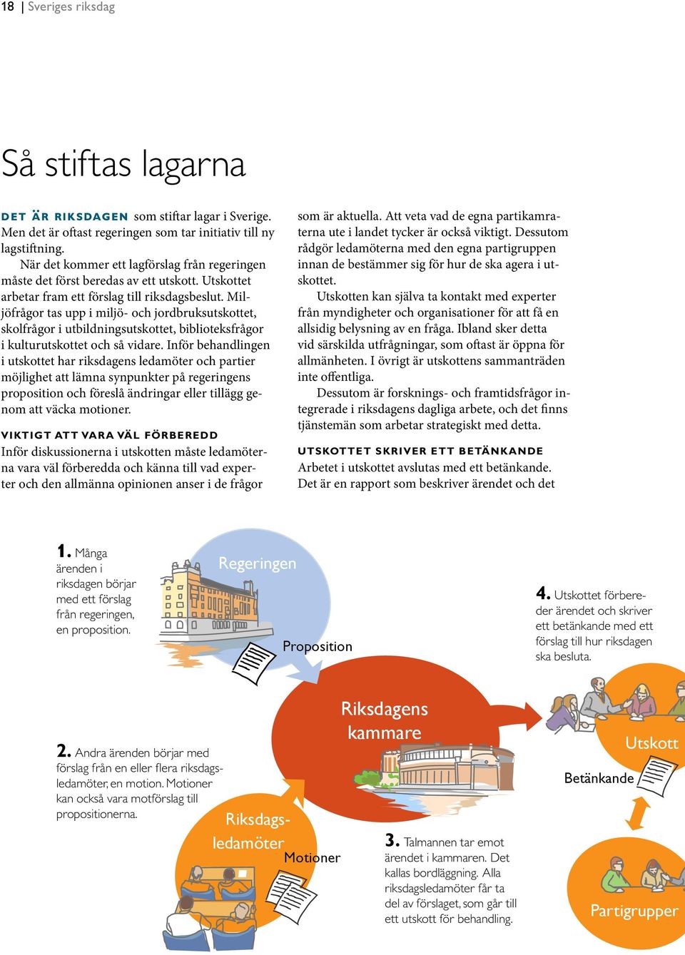 Miljöfrågor tas upp i miljö- och jordbruksutskottet, skolfrågor i utbildningsutskottet, biblioteksfrågor i kulturutskottet och så vidare.