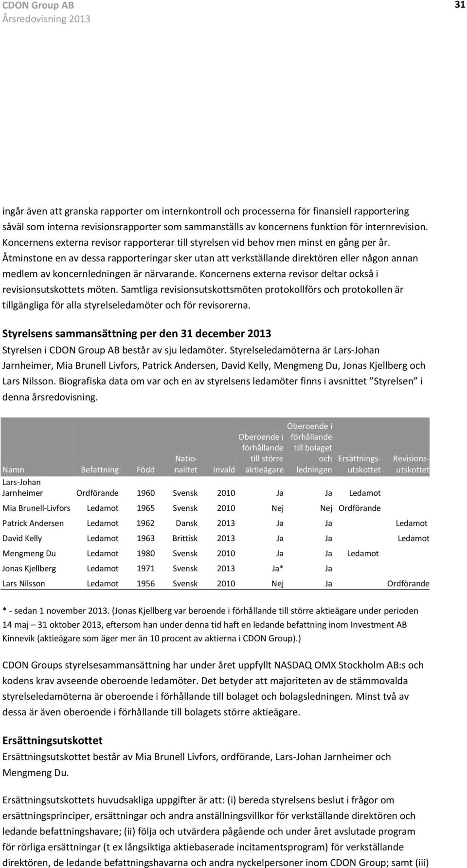 Åtminstone en av dessa rapporteringar sker utan att verkställande direktören eller någon annan medlem av koncernledningen är närvarande.