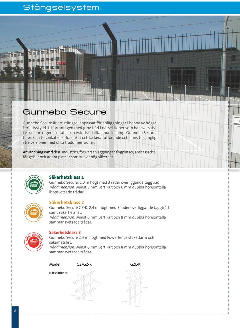 Gunnebo Secure tillverkas i förzinkat eller förzinkat och lackerat utförande och finns tillgängligt i tre versioner med olika tråddimensioner.