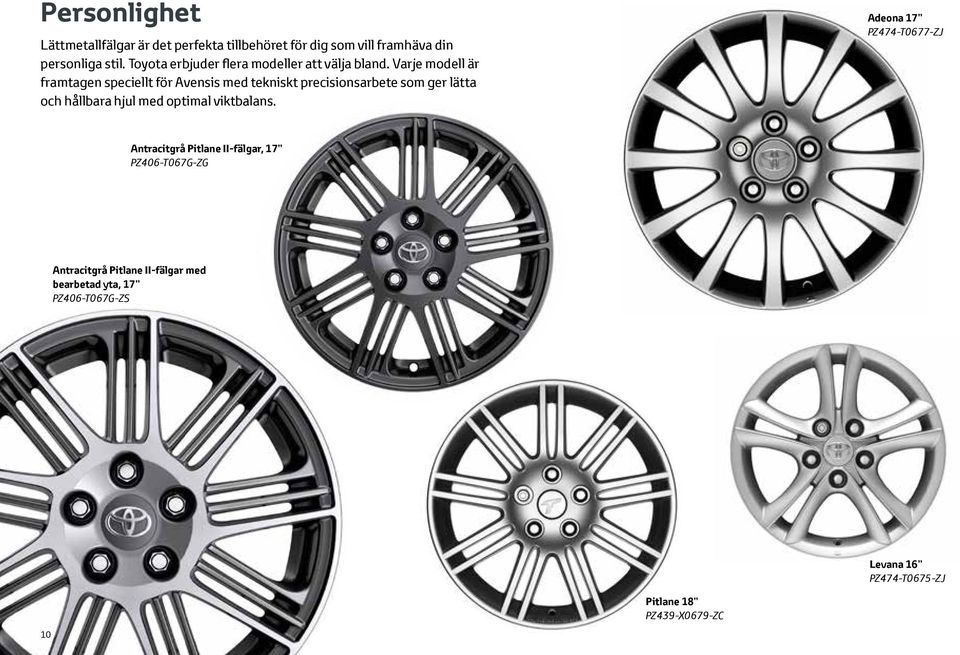 Varje modell är framtagen speciellt för Avensis med tekniskt precisionsarbete som ger lätta och hållbara hjul med