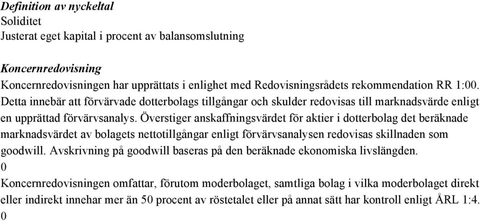 Överstiger anskaffningsvärdet för aktier i dotterbolag det beräknade marknadsvärdet av bolagets nettotillgångar enligt förvärvsanalysen redovisas skillnaden som goodwill.