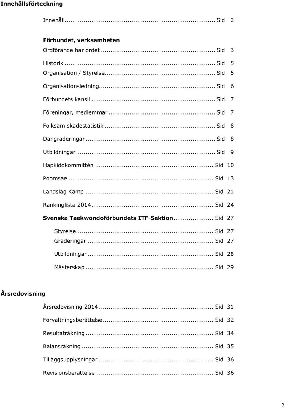 .. Sid 13 Landslag Kamp... Sid 21 Rankinglista 2014... Sid 24 Svenska Taekwondoförbundets ITF-Sektion... Sid 27 Styrelse... Sid 27 Graderingar... Sid 27 Utbildningar... Sid 28 Mästerskap.