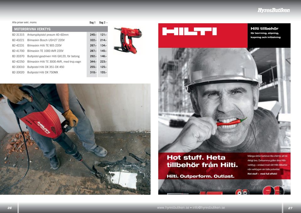 vagn 344:- 223:- 82-33010 Bultpistol Hilti DX 351-DX 450 255:- 125:- 82-33020 Bultpistol Hilti DX 750MX 310:- 155:- Hilti tillbehör för borrning, slipning, kapning och infästning Hot stuff.