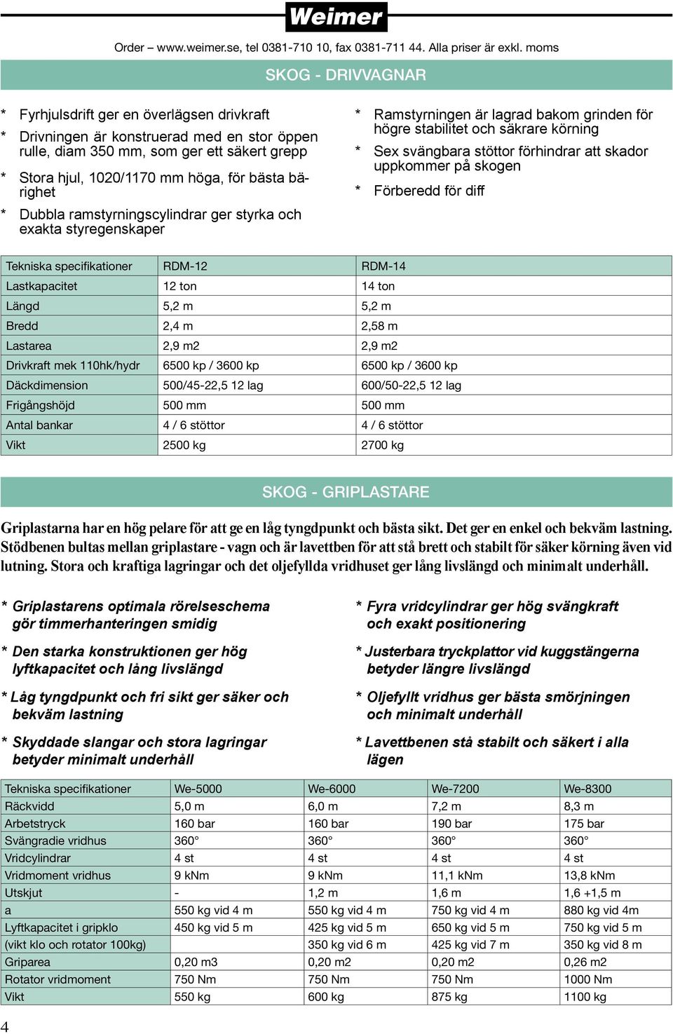 skador uppkommer på skogen * Förberedd för diff Tekniska specifikationer RDM-12 RDM-14 Lastkapacitet 12 ton 14 ton Längd 5,2 m 5,2 m Bredd 2,4 m 2,58 m Lastarea 2,9 m2 2,9 m2 Drivkraft mek 110hk/hydr