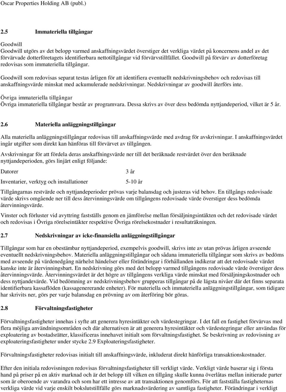 Goodwill som redovisas separat testas årligen för att identifiera eventuellt nedskrivningsbehov och redovisas till anskaffningsvärde minskat med ackumulerade nedskrivningar.