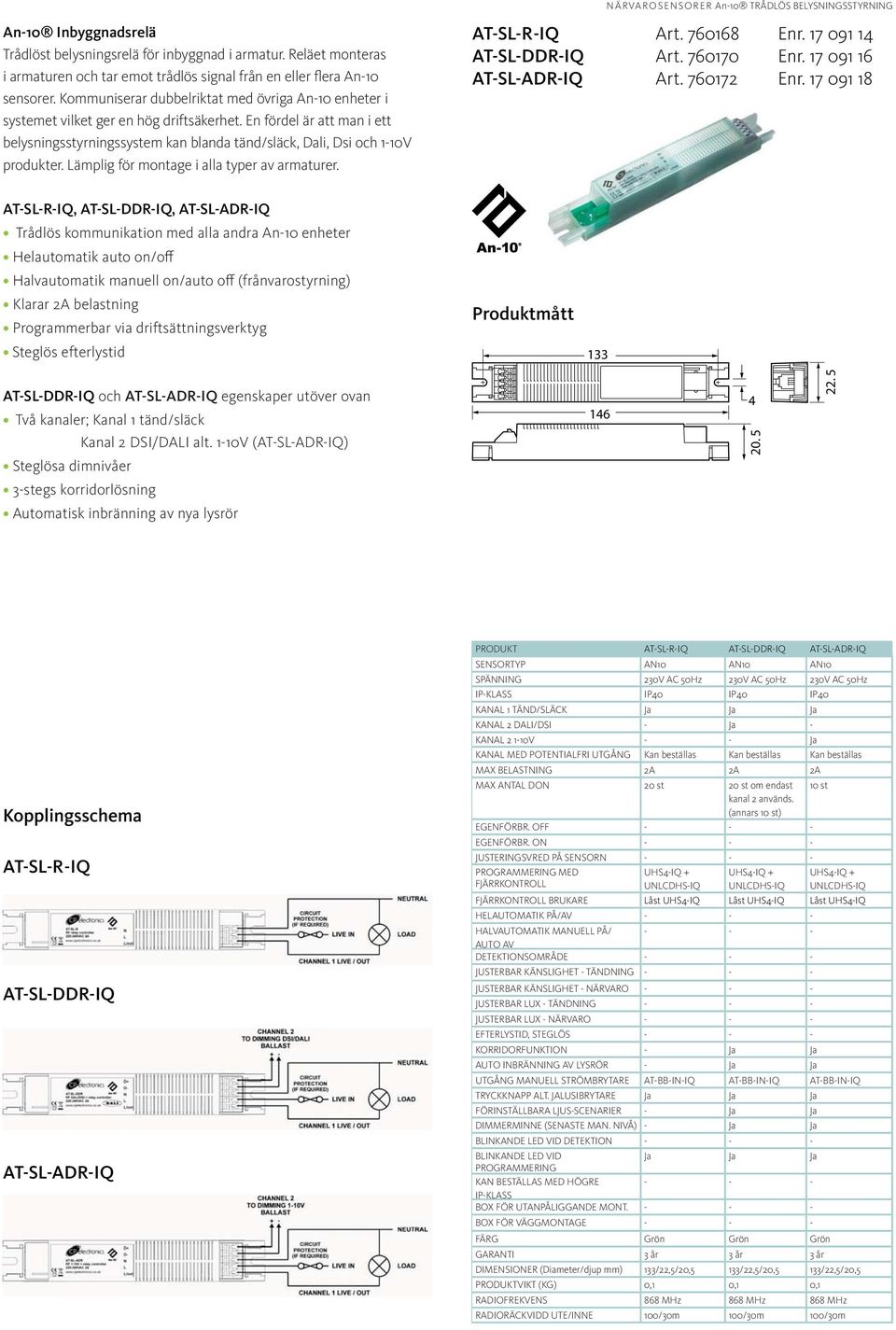 Lämplig för montage i alla typer av armaturer. NÄRVAROSENSORER TRÅDLÖS BELYSNINGSSTYRNING AT-SL-R -IQ Art. 760168 Enr. 17 091 14 AT-SL-DDR-IQ Art. 760170 Enr. 17 091 16 AT-SL-ADR-IQ Art. 760172 Enr.