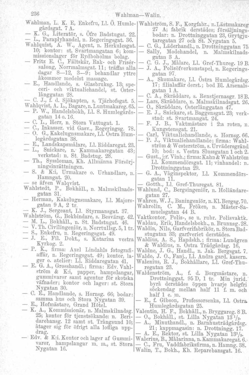 10; kontor: st. Svartmangatan 6; kom Sally, Modehandel, n. Malmskilriadsmissionslager för Rydboholms bolag. gatan 3 A. Fritz E. C., Fältskär, Rak och Friser C. G. J., Målare, Ll. GrefThureg. 19 B.