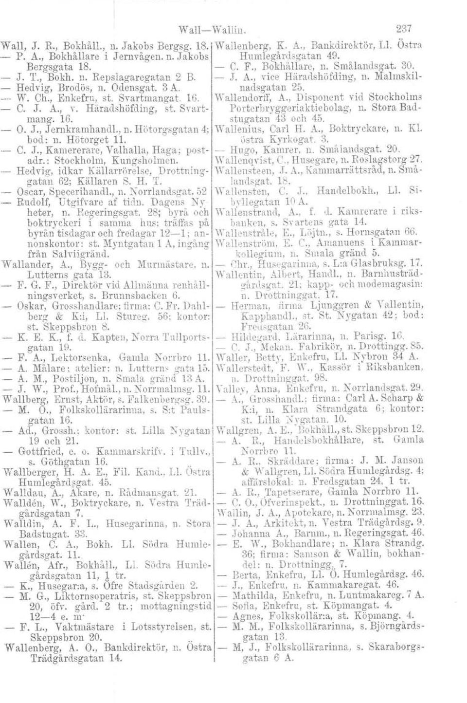 Wallendorff, A., Disponent vid Stockholms C. J. A., Y. Häradshöfding, st. Svart Portcrbryggeriaktiebolag, n. Stora Badmango 16. stueatan 43 och 45. O. J., Jcrnkramhandl., n. Hötorgsgatan 4; Wallenius, Carl H.