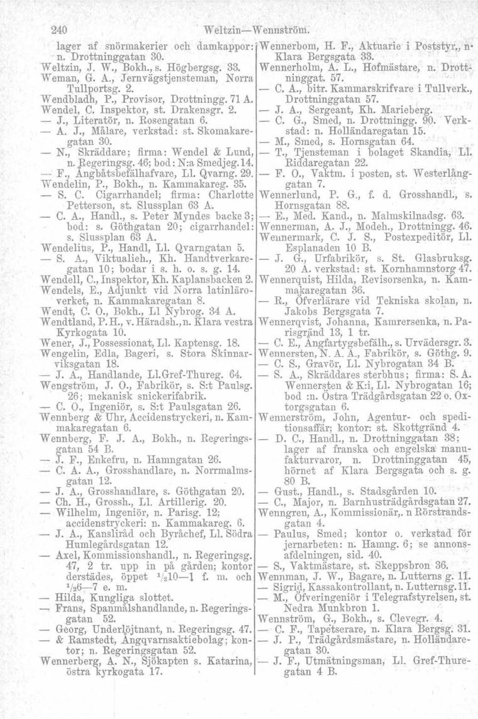 Wendel, C. Inspektor, st. Drakensgr. 2. J. A., Sergeant, Kh. Marieberg. J., Literatör. n. Rosengatan 6. C. G., Smed, n. Drottningg. 90. Verk A. J., Målare, verkstad: st. Skomakare stad: n.
