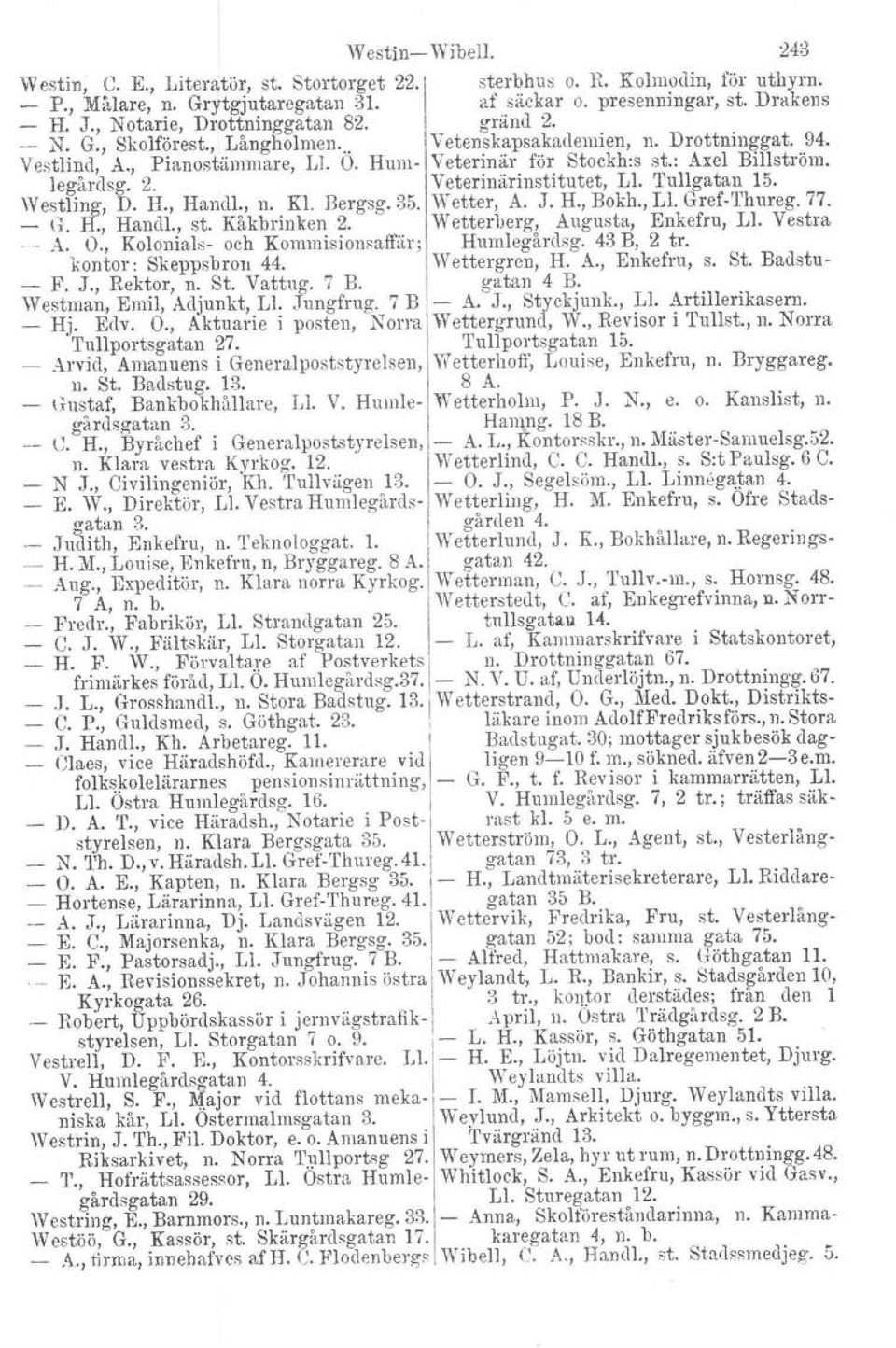legårdsg. 2. Veterinärinstitutct, Ll. Tullgatan 15. Westling, D. H., HaneH., n. Kl. Bergsg.35. Wetter, A. J. H., Bokh., Ll. GrefThureg. 77. _ (L H., Handl., st. Kåkbrinken 2. c Wetterberg.