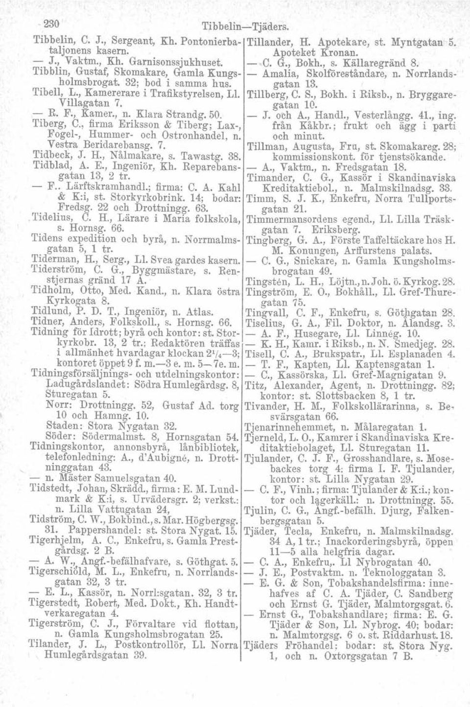 , n. Bryggare Villagatan 7. gatan to. R. F., Kamer., n. Klara Strandg. 50. J. och A., Handl., Vesterlångg. 41., ing. Tiberg, C., firma Eriksson & Tiberg; Lax, från Kåkbr.