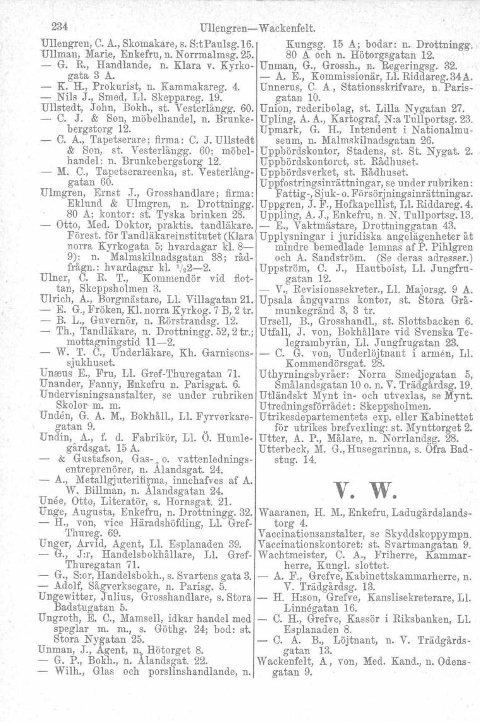 Paris Nils J., Smed, Ll. Skeppareg. 19. gatan 10. Ullstedt; John, Bokh., st. Vesterlångg. 60. Union, rederibolag, st. Lilla Nygatan 27. C. J. & Son, möbelhandel. n. Brunke Upling, A.