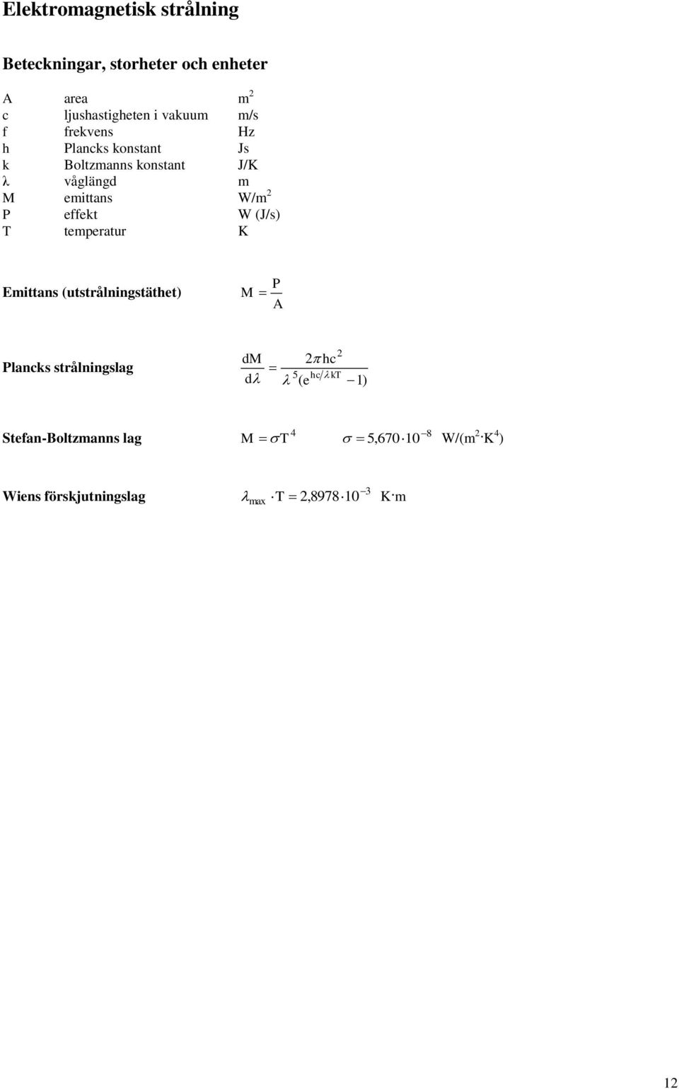 effekt W (J/s) T temperatur K Emittans (utstrålningstäthet) P M A Plancks strålningslag dm d hc 5